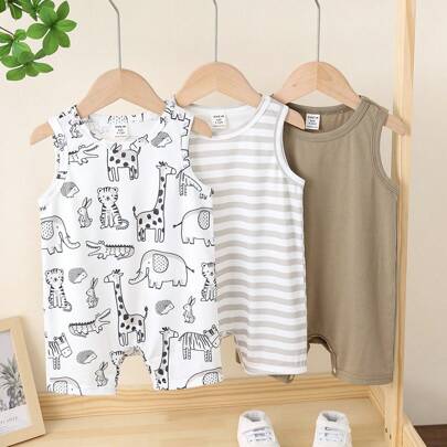 3 pezzi Set di body/tutine neonato maschietto estivo con stampe carine di cartoni animati e righe, in maglia