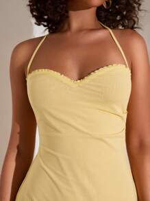 Opulessa Solid-Color Knitted Mesh Halter Mini Dress - Yellow - View 5