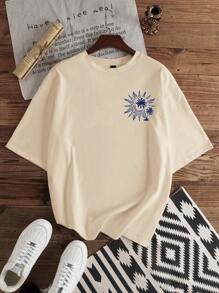 Manfinity Joysei Casual, Vacation Inspired Men's Khaki Palm Tree & Letter Print Slim Fit Crew Neck Short Sleeve T-Shirt, Suitable For Summer Outdoor, Dates, Gatherings; Also Suitable For Couples, Family Matching; Great Gift For Boyfriend Summer Sets For Men Men Beach Clothes Set Men Summer Clothes Graphic