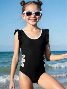 Tween Girl Black Hollow One-Piece Swimsuit - Black and White - View 7
