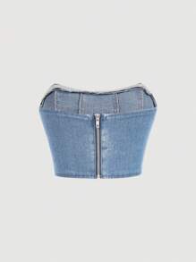 SHEIN MOD 拉链后背牛仔布夏季紧身胸衣上衣 - 中等水洗藍 - 查看 2