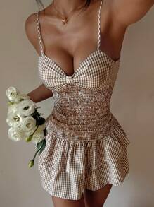 Sunnyshic 女士夏季度假休闲露背蝴蝶结双荷叶边下摆吊带迷你连衣裙 - 棕色 - 查看 7