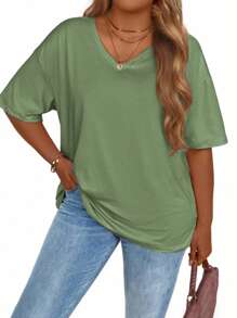 EMERY ROSE 大码纯色半袖 T 恤，夏季休闲 V 领 T 恤，女士大码服装图案 T 恤女式上衣 - 墨綠色 - 查看 1