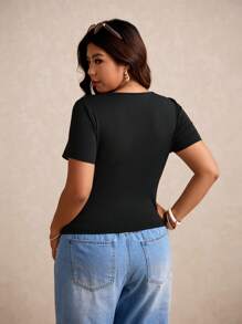 Elaquor V 领纯色 T 恤全黑短款夏季上衣 - 黑色 - 查看 2