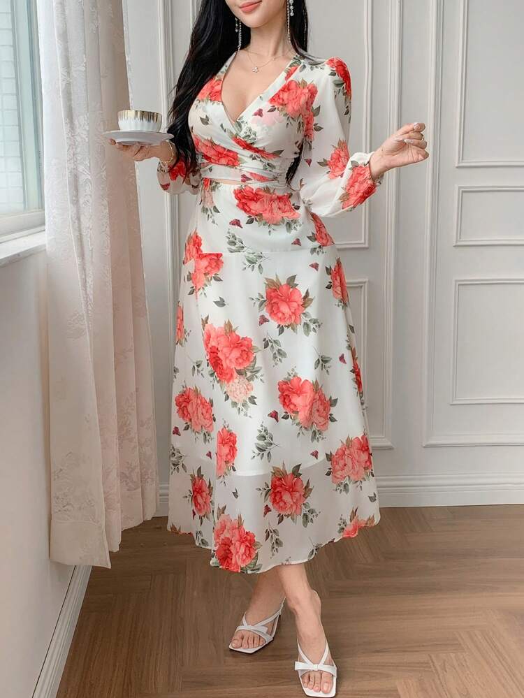 Women's Floral Print Overlap V-Neck Lantern Sleeve Elegant Vacation Dress,Fall Dress Long Sleeve Dress