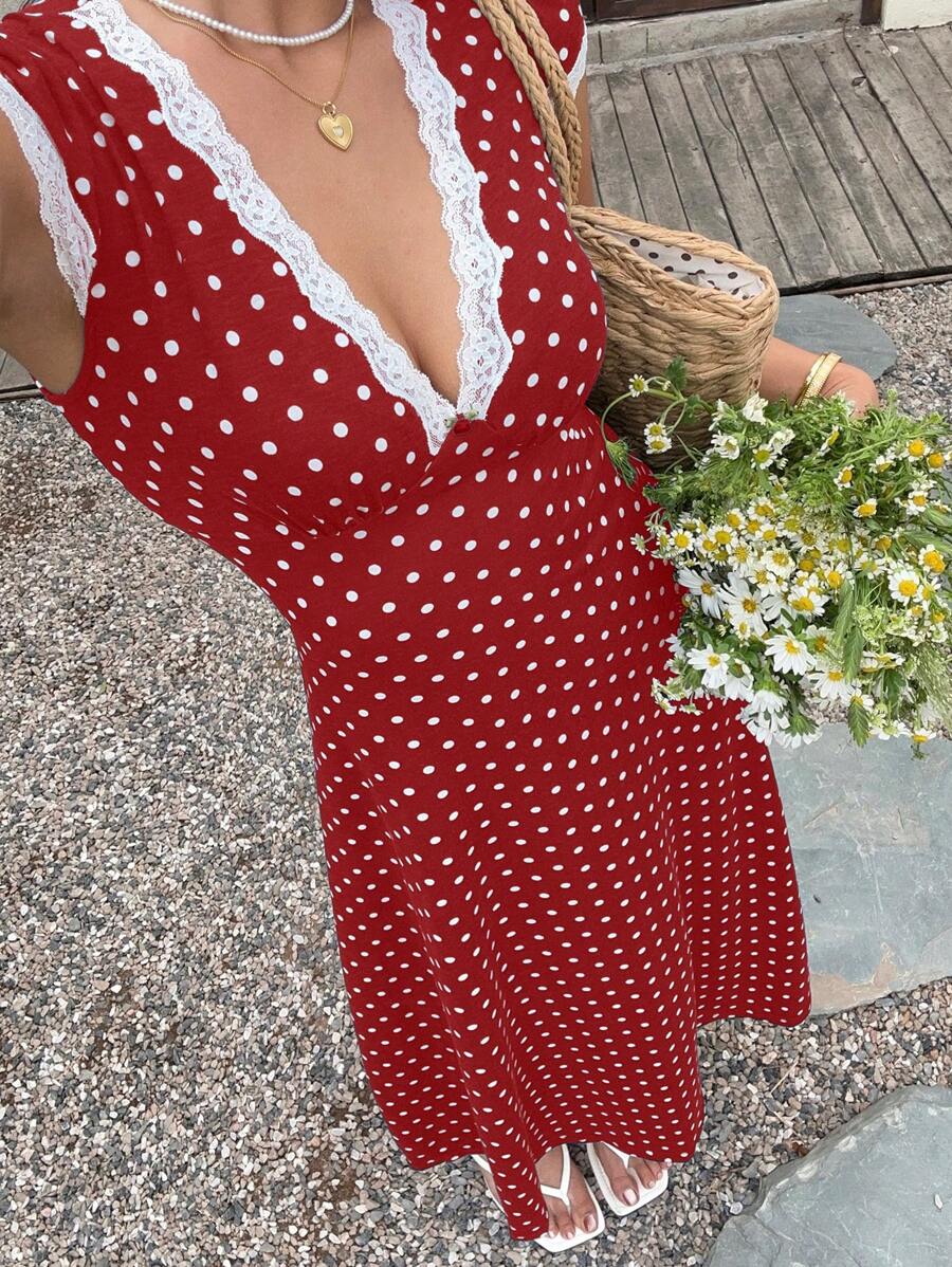 Sunnyshic Váy chữ A tay bồng in họa tiết chấm bi trắng, cổ chữ V, ren xếp nếp, họa tiết hoa, thiết kế tối giản thanh lịch cho kỳ nghỉ, du lịch, thường ngày, xuân/hè - Đỏ - Xem 1