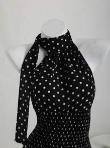 Elamini Women's Black & White Polka Dot Backless Cinched Waist Tank Top, Asymmetric Neckline, Versatile For Commuting, Vacation, Beach, Casual Dating, Summer
