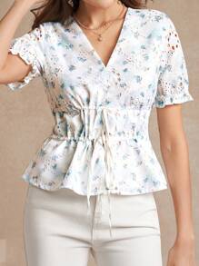 Amorya V-Neck Three-Dimensional Embroidered Printed Waist Cinching Strap With Bowknot Women's Blouse - Multicolor - View 4