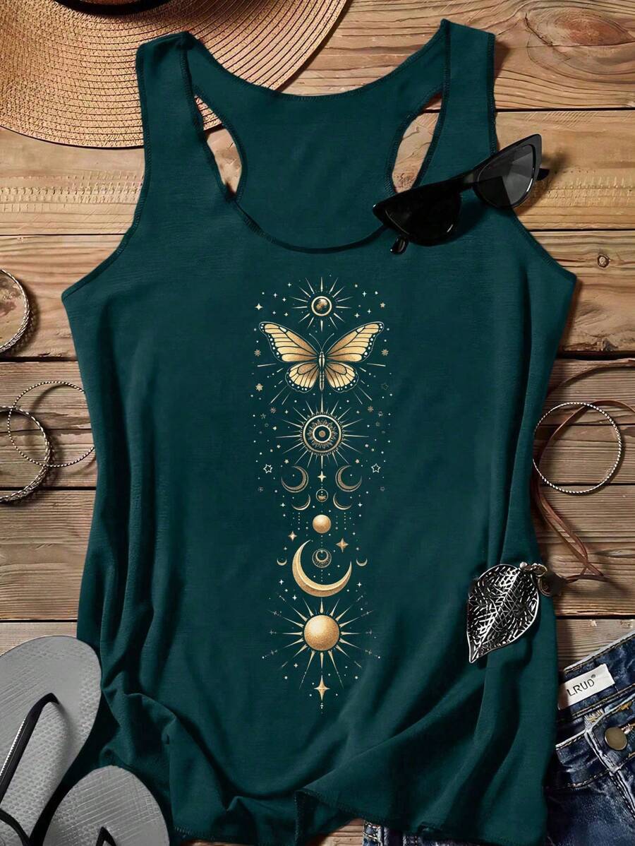 SHEIN LUNE Casual Star Moon Sun Pattern Round Neck Women Tank Top, Summer Back To School