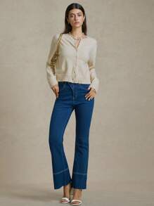 Áo khoác cardigan dài tay hở trước màu trơn cho nữ, thời trang cho kỳ nghỉ hè Áo len dành cho nữ Quần áo mùa hè bằng len dành cho nữ Ngày 4 tháng 7 vào mùa thu/đông - Màu be - Xem 5