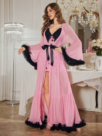 SHEIN 3D Floral Trim Puff Sleeve Robe + Contrast Lace Side High Slit Sexy Heart Printed Mesh Nightgown Set