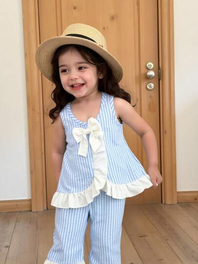 SHEIN Playful Pals 2 件套幼儿女婴春夏季度假装 - 无袖雪纺格子衬衫上衣和裤子套装，0-3 岁