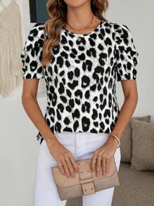EMERY ROSE Women Round Neck Leopard Print Casual Versatile Short Sleeve Blouse - Black and White - View 4