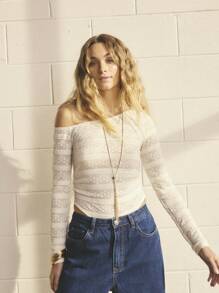 Aralina Damen Bodysuit mit floralem Jacquard, asymmetrischem Kragen und Langarm