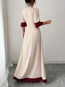 SHEIN PETITE V-Neck Contrast Color Block Sequin Embellished Cinched Waist Long Dress, Elegant And Chic French Style For Summer