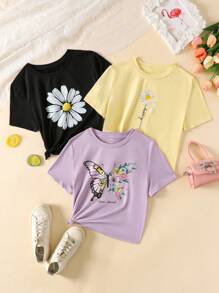 SHEIN Camiseta informal de manga corta con cuello redondo y estampado floral de margaritas para adolescentes, verano - Púrpura malva - Ver 1