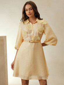 Women's Floral Decor Half Placket Short Dress, Elegant And Casual - Yellow - View 6