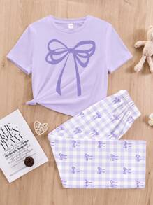 SHEIN Leap Crew Tween Girls Casual Lounge Set - Crew Neck Short Sleeve Top And Loose Pants 2pcs Pajama Set