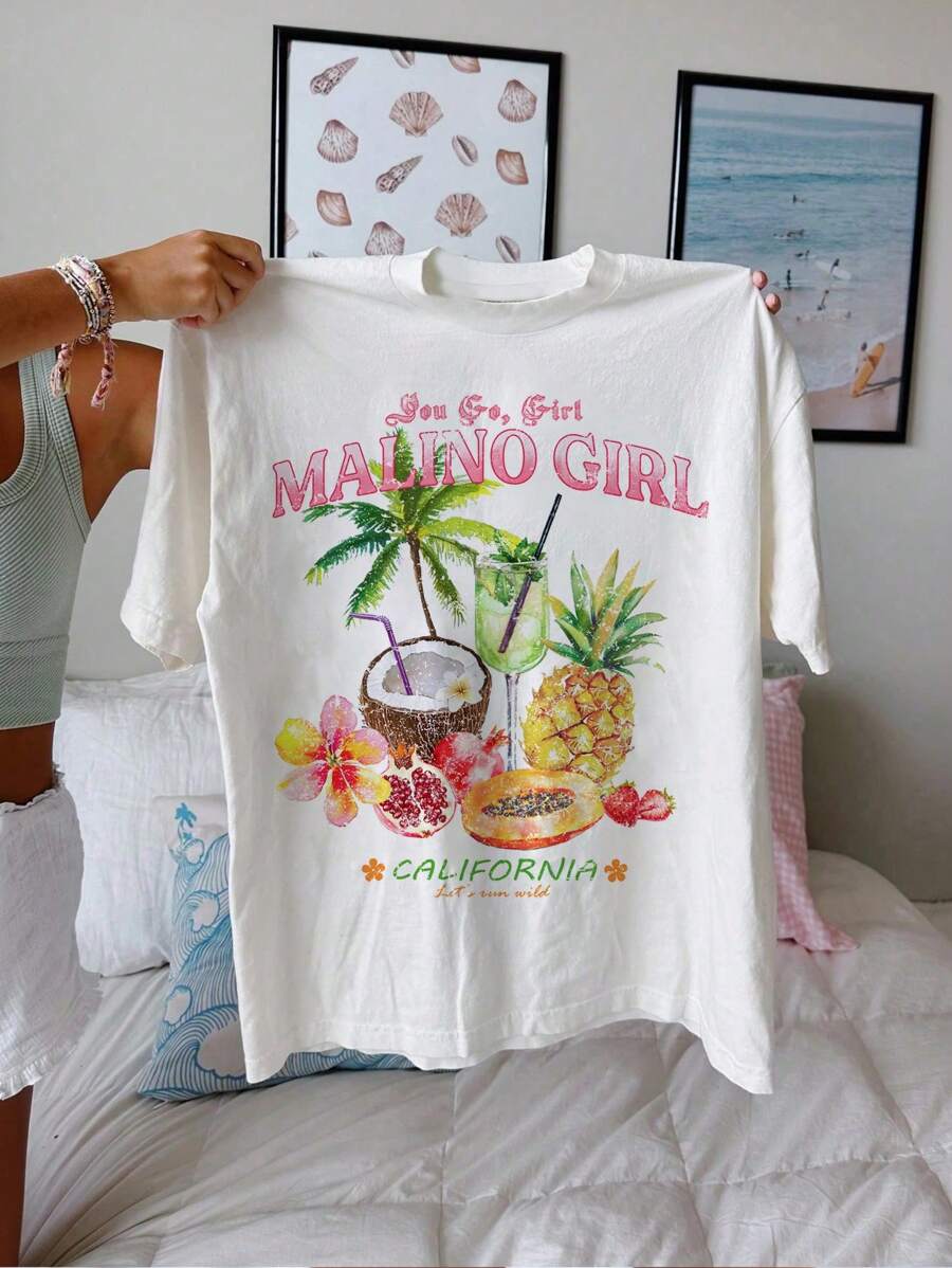 SHEIN EZwear 超大号休闲女孩旅行度假水果花卉印花图案圆领短袖宽松T恤女式度假上衣 - 白色 - 查看 1