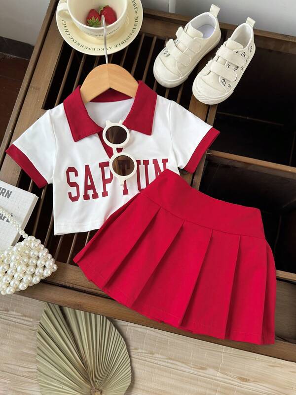 SHEIN 2pcs/Set Baby Girl Toddler/Newborn 0-3Y Casual V-Neck Polo Shirt & Pleated Skirt 2-Piece Outfit, Spring/Summer