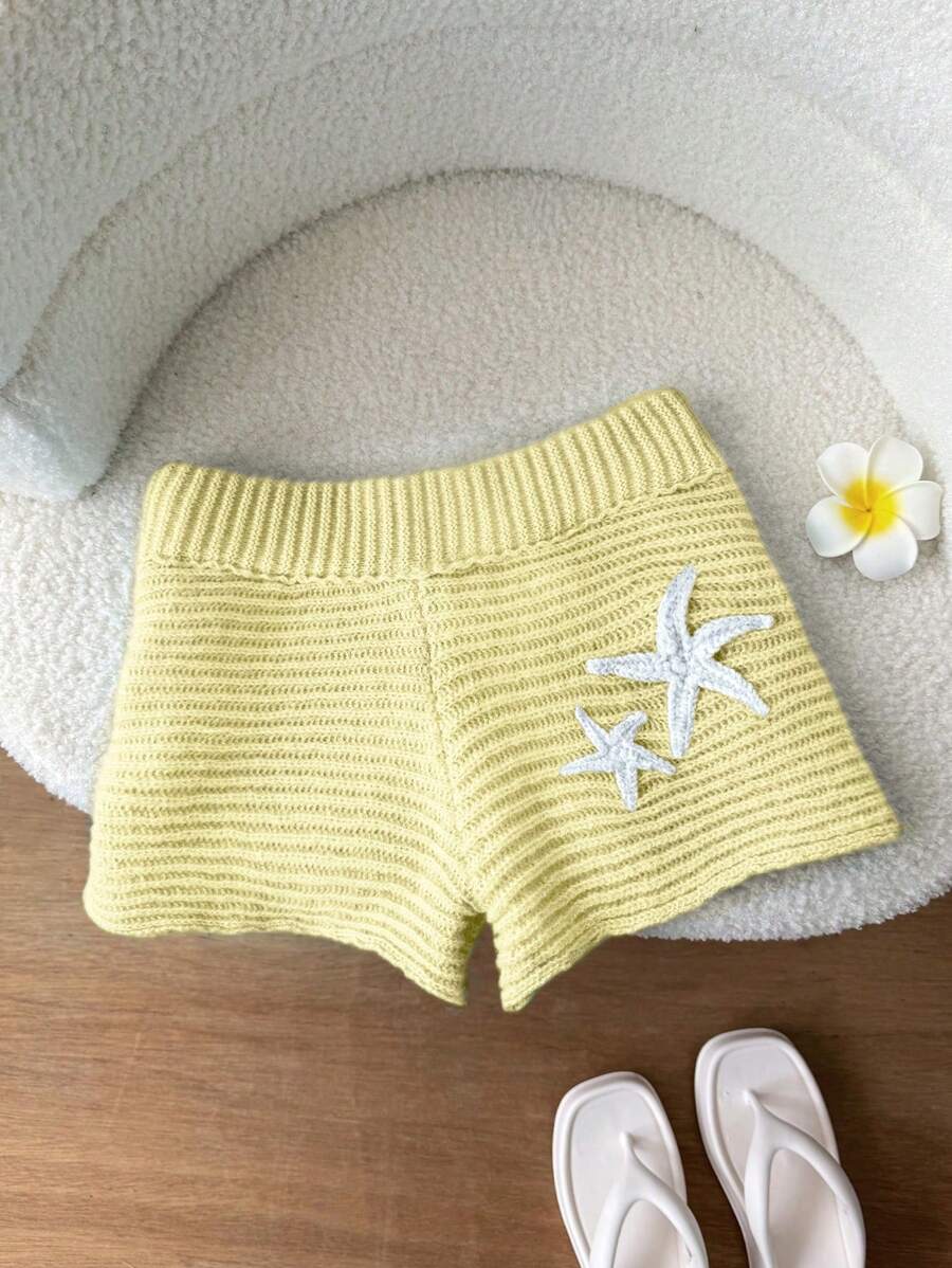 Elamini Y2K 风格手工钩编海星纹理针织女式短裤 - 黃色 - 查看 1