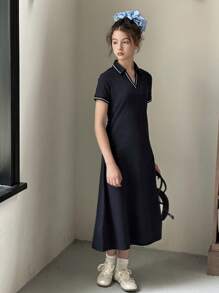 Hapijoa 少女条纹领短袖休闲连衣裙，女孩夏季服装，返校服装 - 藏蓝色 - 查看 7