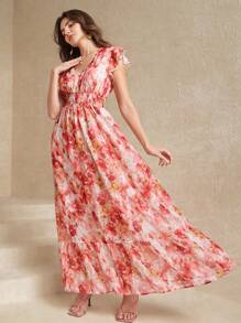 Amorya Women Shirred Tie Dye Floral Print Flare A-Line Ruffle Sleeve Waist Cinched Elegant Fashionable Slimming Long Dress,Bohemian Clothes Fall/Winter Women Clothes Back To School Modest Vintage Old Money Teacher Outfits For Women Airport Beautiful Clothing For Women - Multicolor - View 7