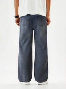 Teen Boy Light Blue Washed Classic Simple Versatile Wide Leg Jeans, Loose & Comfortable - Medium Wash - View 2