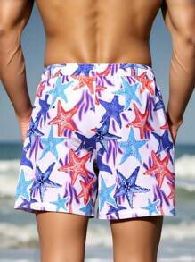 Manfinity Swimmode Fashionable Casual Beach Shorts, Suitable For Summer Men Swim Trunks - Blue and White - View 2