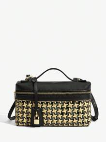 SHEIN SXY 女士手提包，编织包，时尚，简约，优雅，百搭，经典，编织 PU，红色包，金属挂锁装饰，适合通勤、办公、约会、日常、购物、下午茶 - 黑色 - 查看 2