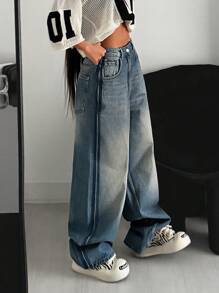 EURMUSE Casual Bleashed Mid Waist Y2K Design Wideleg Jean - Medium Wash - View 6