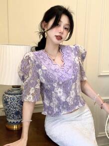 DAZY Women's Elegant Lace V-Neck Puff Sleeve Shirt, Summer