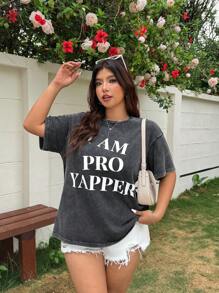SHEIN EZwear Plus Size Women's Oversized T-Shirt With Casual Slogan Print, Short Sleeve, Summer,Holiday,Graphic Tees - Multicolor - View 3