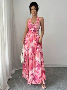 Elenzga Women Floral Print Halter Backless Dress - Multicolor - View 5