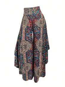 SHEIN Clasi 女士休闲佩斯利印花不对称下摆阔腿裤 - 彩色 - 查看 1