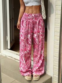 Sunnyshic Women's Casual Vacation Paisley Print Beach Pants Fall Cloth For Women - Hot Pink - View 6