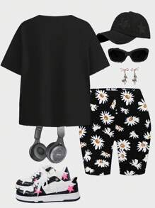 SHEIN Leap Crew 2pcs Tween Girls Casual Mini T-Shirt And Shorts Set, For Summer - Multicolor - View 3