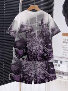 SHEIN 2 件套男童休闲简约圆领短袖 T 恤和短裤套装，适合夏季 - 彩色 - 查看 5