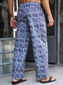 Manfinity Homme Pantalon décontracté ample à jambes droites avec taille à cordon pour hommes, à carreaux, gris-bleu, bleu clair, automne, streetwear, polyvalent pour escapade urbaine, vacances et rave - Bleu gris - Voir 2
