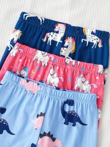 3pcs Set Young Girl Cartoon Print Snug Fit Crew Neck Long Sleeve Top And Pants Pajamas Set