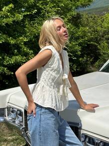 SHEIN EZwear Summer Vacation Casual Solid Color Textured Sleeveless Shirt - White - View 4