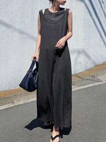 FRIFUL 女士纯色纹理镂空两件套长裙，夏季无袖连衣裙，毕业典礼 - 灰色 - 查看 4