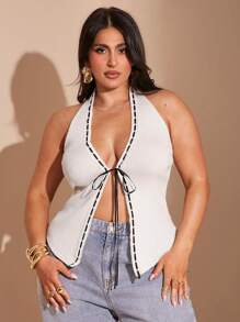 SHEIN BAE Plus Size Women's Contrast Color Front Tie Halter Neck Knit Top,Black And White,Summer,Elegant,Girlism,Night Valentines Vacation Boho Crop Tops - White - View 8