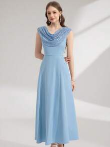 Modelyn Women's Niche Design High-End Sense Ruffle Neck Cinched Cinched Waist Dress - Blue - View 6