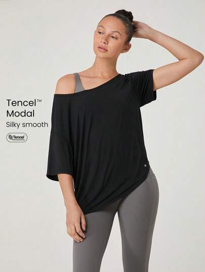 GLOWMODE Camiseta de modal suave y sedoso con bajo asimétrico, hombros descubiertos y manga 3/4, use diariamente de forma casual