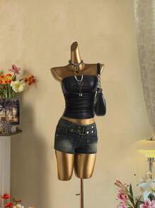 Attitoon Faux Stretch-Leather Black Pleated Strapless Top