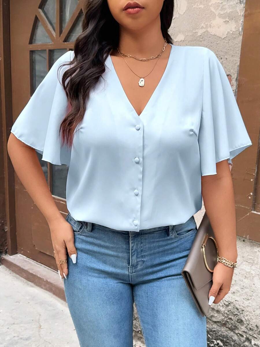 Calvaya Plus Size Solid Color V-Neck Button-Up Short Sleeve Shirt - Baby Blue - View 1