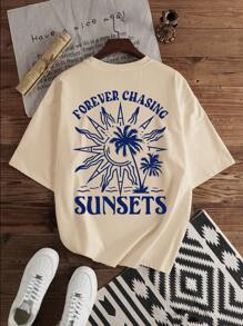 Manfinity Joysei Casual, Vacation Inspired Men's Khaki Palm Tree & Letter Print Slim Fit Crew Neck Short Sleeve T-Shirt, Suitable For Summer Outdoor, Dates, Gatherings; Also Suitable For Couples, Family Matching; Great Gift For Boyfriend Summer Sets For Men Men Beach Clothes Set Men Summer Clothes Graphic