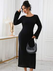 Robe droite à manches longues et col rond de couleur unie pour femmes - Noir - Voir 7