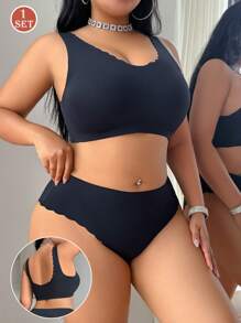 SHEIN 2pcs Plus Size Simple Solid Color Shell Trim Lingerie Set